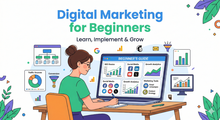 Digital Marketing for Beginners illustration showing a person learning SEO, social media marketing, and analytics on a laptop