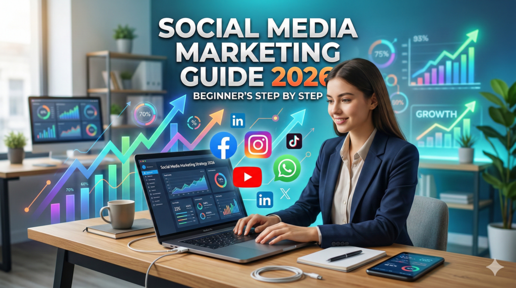 This image shows a digital marketer working on social media marketing strategy with growth charts and social media platforms on a laptop screen.