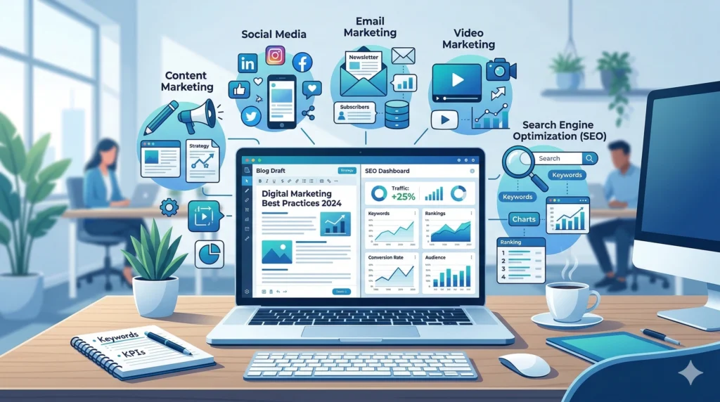 Content marketing strategy illustration showing blog writing, SEO dashboard, social media marketing, email marketing and video marketing for digital business growth.